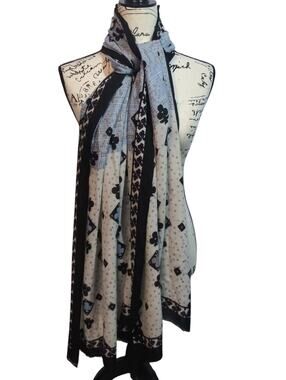 MIR Blue White Wool Cashmere Club Polkadot Wrap Scarf Fringe